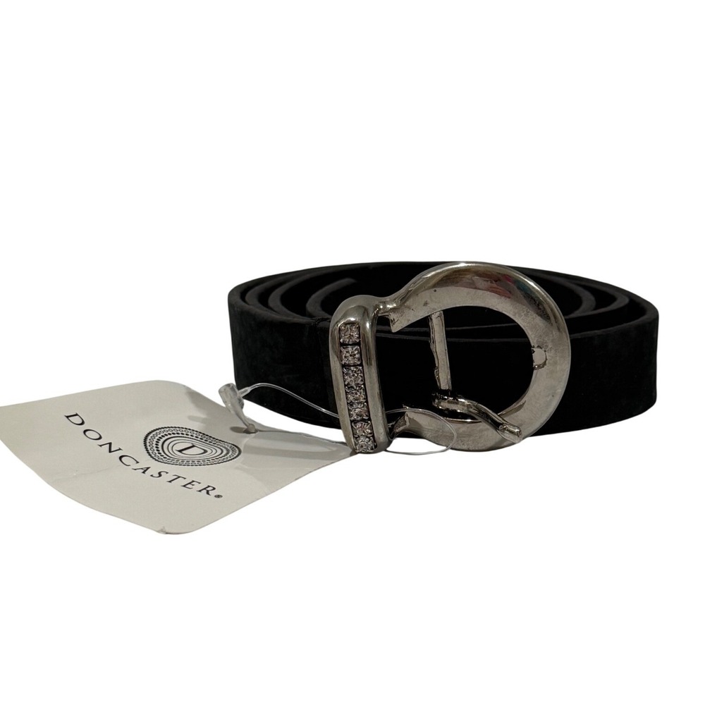 Doncaster Womens Black Leather Belt Silver Crystal Buckle Italy Size L NWT H41